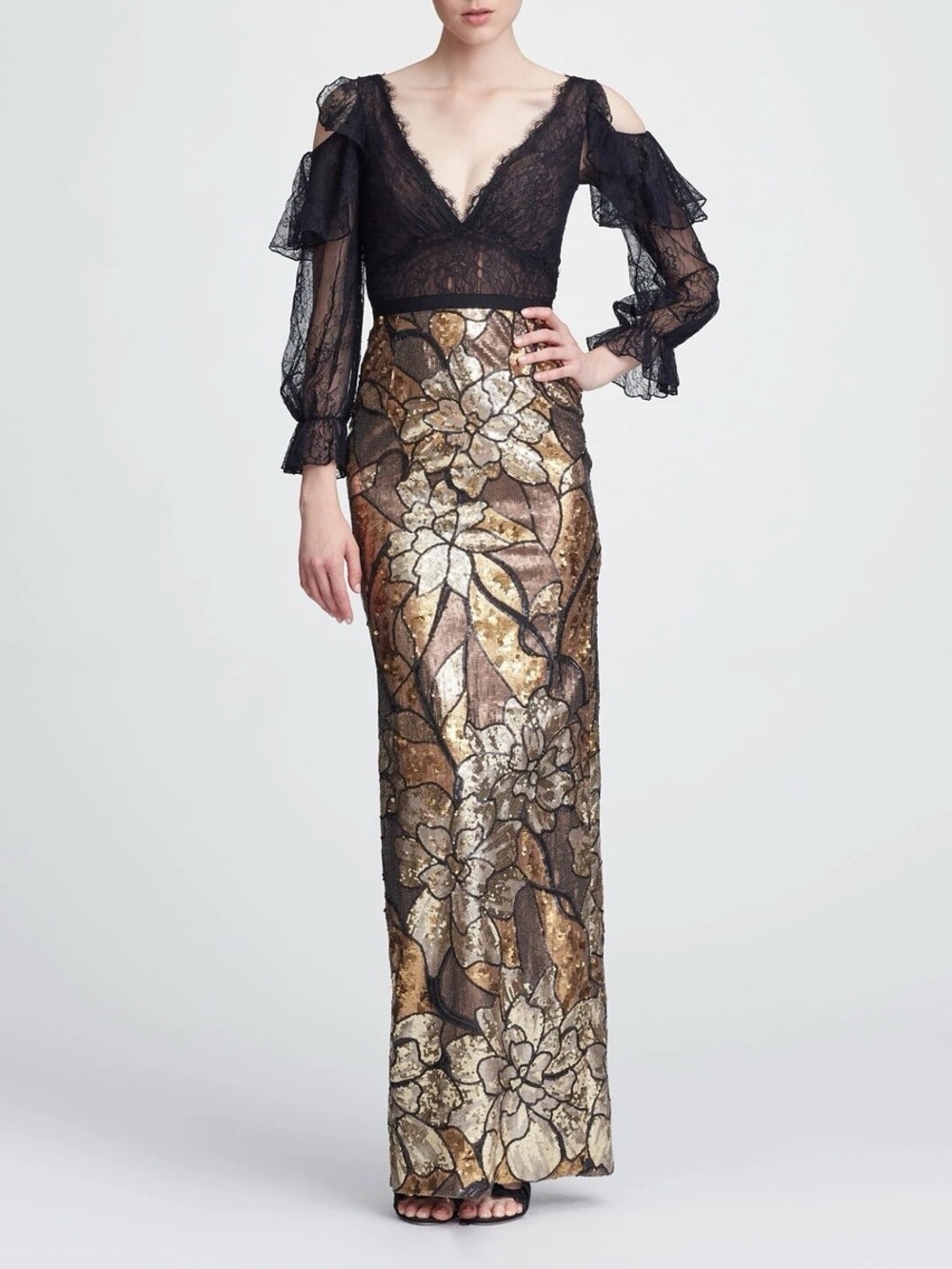 Machesa Notte Black Lace Cold-Shoulder Top with Gold Floral Sequin Skirt